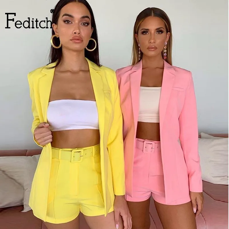 

Feditch Elegant Office Lady Suit Short Pants Women Jacket Blazer Top High Waist Mini Shorts Suits Casual Work Wear 2 Piece Set