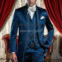 Синий сатин Жених Смокинги для женихов дворец Вышивка Блейзер комплект из 3 предметов мужские свадебные Пром ужин Костюмы Блейзер masculino куртка+ Брюки для девочек+ жилет
