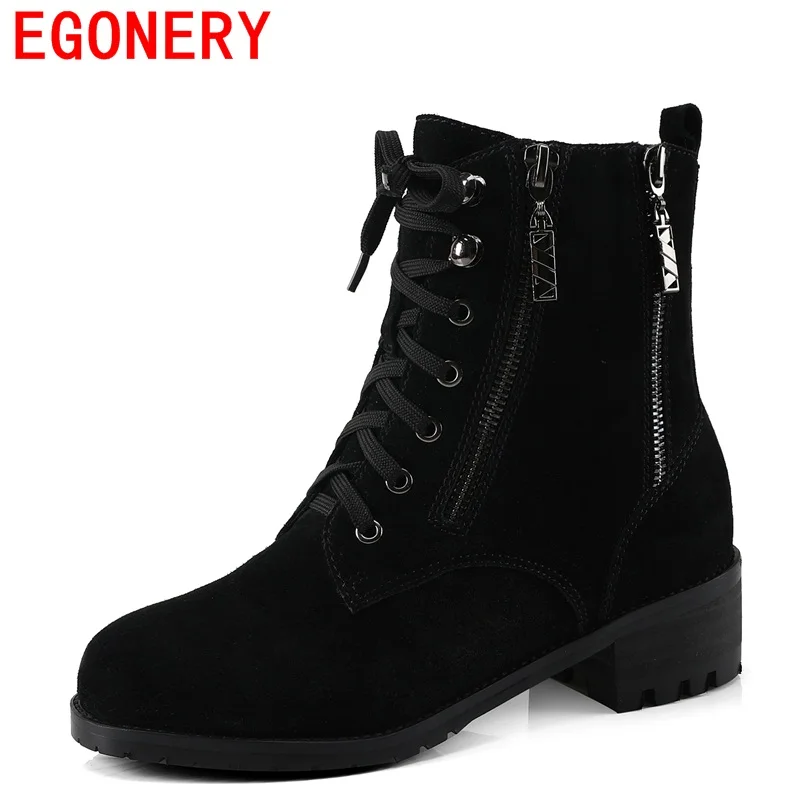 

EGONERY shoes 2018 new zipper lace-up fashion women heels ankle boots pure color elegant platform round toe winter warm shoes