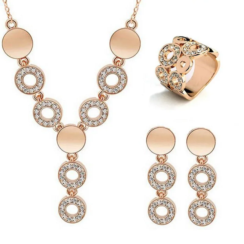 

2018 Fashion Jewelry Set Necklace Earrings Rings For Women Trendy Rose Gold-color Crystal Round Shape Jewelry Free Shipping