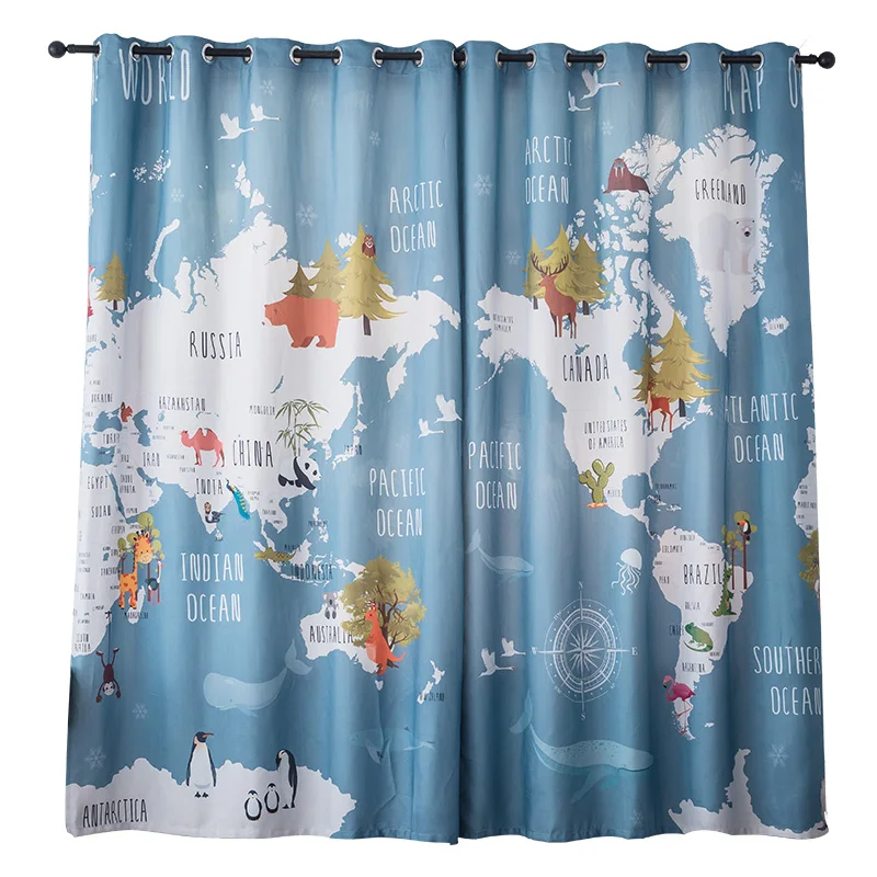 Colorful animal world map printed kids curtains for living room boys girls bedroom study balcony shade children's Room curtain