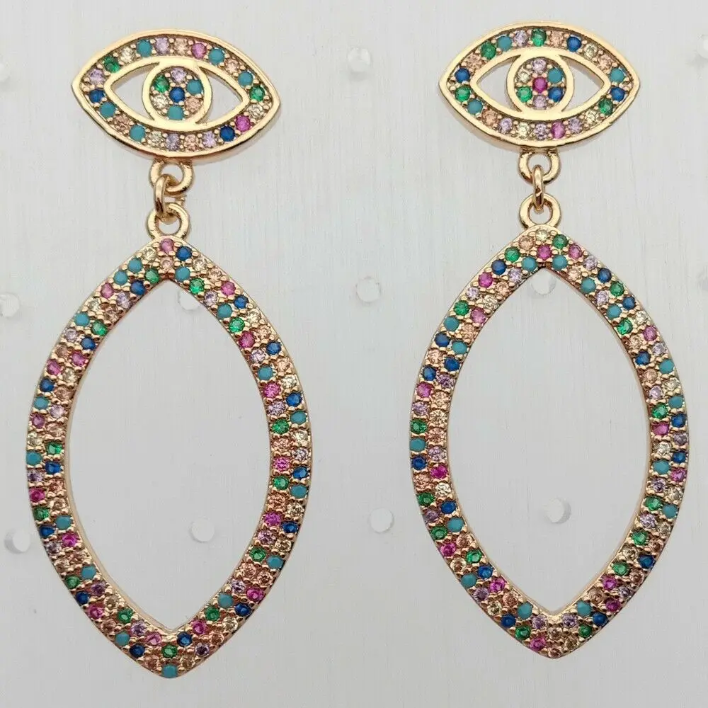 

20x45mm Golden filled micro pave rainbow cubic zirconia Evil Eye earrings