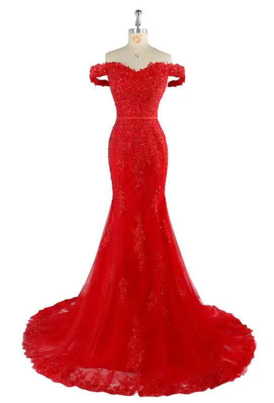 Красные Выпускные платья с открытыми плечами красное вечернее платье из тюля с бусинами вечерние платья - Цвет: as the picture