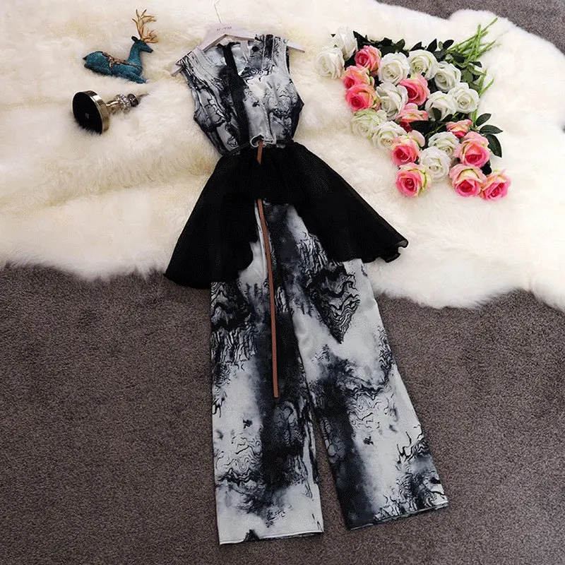 

HISUMA summer new women's V- neck Sleeveless printing ruffles chiffon jumpsuit female Wide leg playsuits women bodysuit