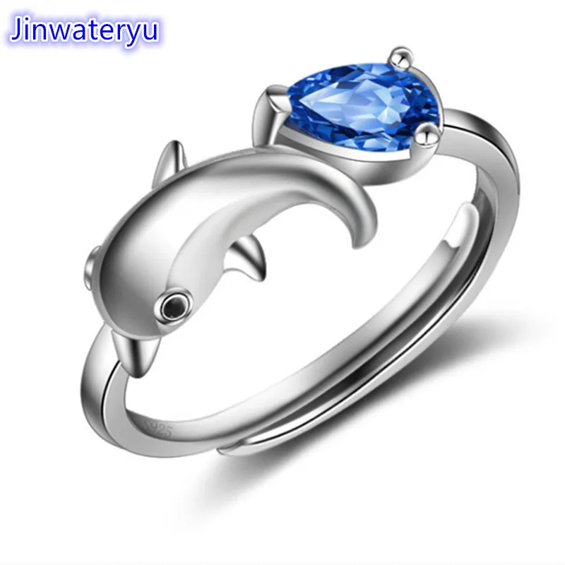 

2018 new model ring Jinwateryu Fashion Jewelry 925 silver Dolphin ring with Cubic Zircon prong setitng blue Crystal ring