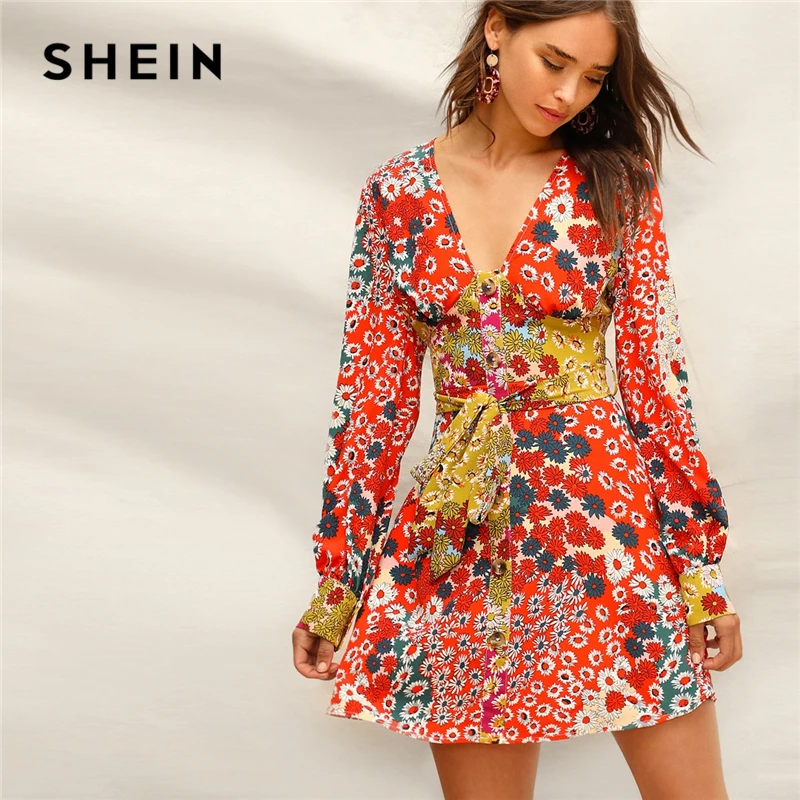 

SHEIN Boho Multicolor V Neck Button Front Floral Belted Fit and Flare Dress Women Bishop Long Sleeve Elegant Short Dresses