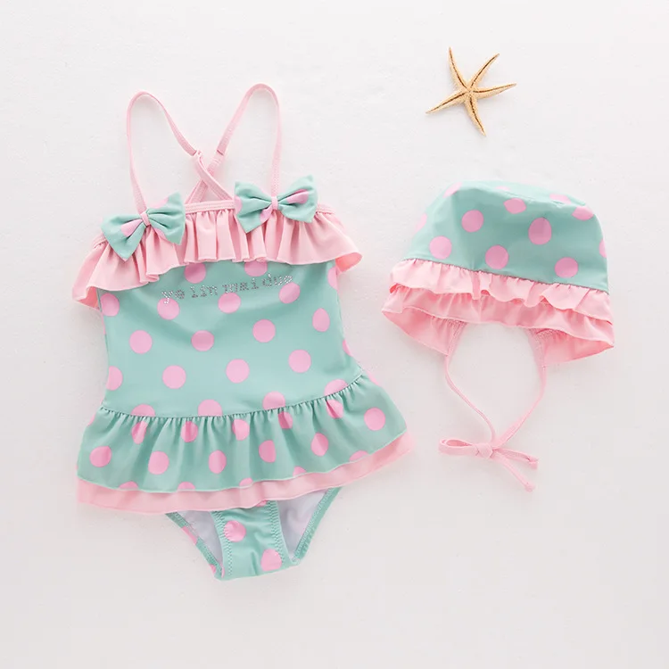 

Girl Swimwear Suit 2019 Summer Cute Bow Two Piece Children's Swimwear With Hat Printed Polka Dot Girls Bikini Sets