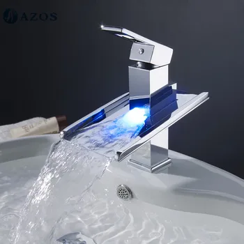 

Bathroom Basin Faucets LED Light Chrome Polish Waterfall Spout Deck Mount Single Handle Hot Cold Water Toilet Furniture MPPB022A