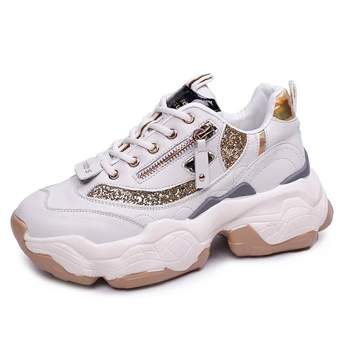 Дизайнерские блестящие кроссовки на платформе; коллекция года; повседневная обувь для папы; белые женские кроссовки; женская обувь; кроссовки; basket chaussure femme - Цвет: Бежевый