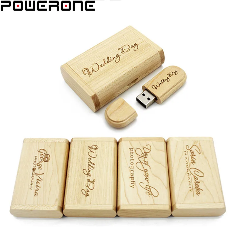 

POWERONE (10 PCS Free LOGO) customer LOGO laser engraving wooden+Box pendrive 16GB 32GB 64GB USB Flash Drive photography gift