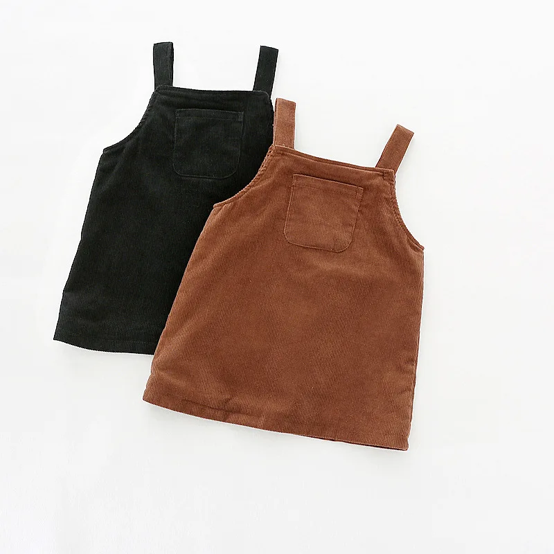 Preise Kleinkind Baby Strap Kleid Mädchen Mode Cord Kleid Tasche Soild Farbe Strumpf Sommerkleid Casual Kinder Kleider 18M 2 3 4 5 jahr