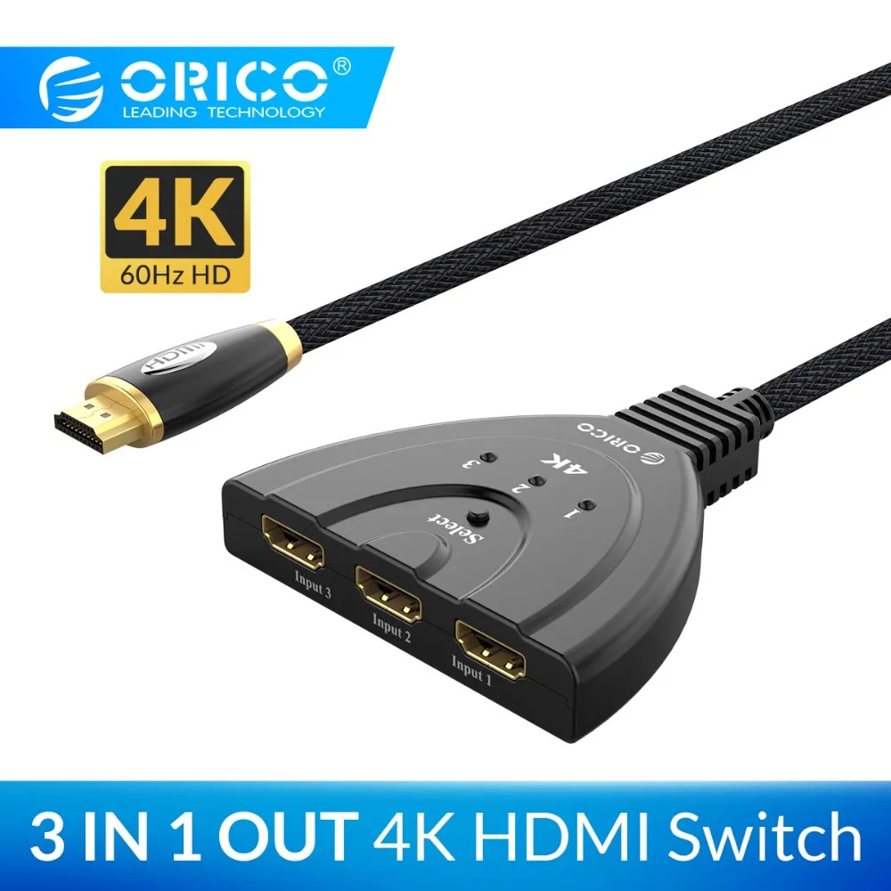 

ORICO 3 Ports HDMI Splitter Adapter Cable 4K60Hz 30Hz HDMI2.0 1.4 Switch 3 In 1 Out Port HDMI Cable for Laptop Xbox TV PS3 PS4