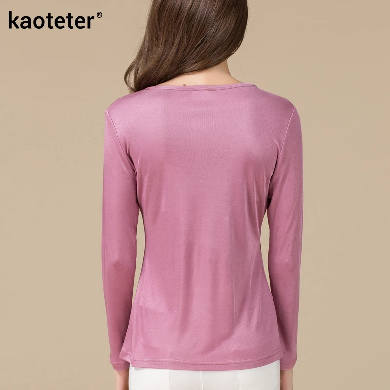 Skup 100% czysty jedwab kobiet koszulki z długim rękawem kobiety O Neck kobiet podstawowe dzikie najniższy Femme koszulki topy moda kobieta