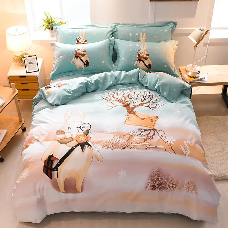 

Ice and Snow Rabbit Bedding Set Egyptian cotton Bed Set Blue Sanding Duvet Cover Set Bed Sheet Pillowcases Queen King size bed