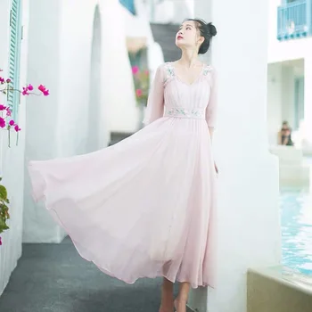 

IRINAY527 2019 Spring Summer Collection new arrival vintage embroidered belted chiffon dress long