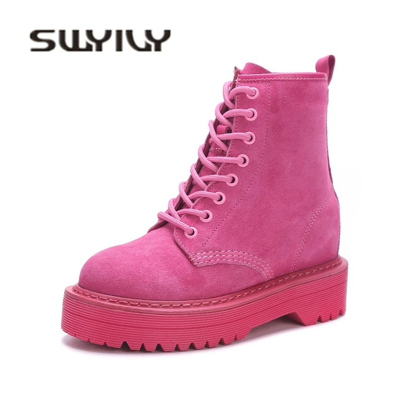 SWYIVY Velvet Fur Warm Martin Boots Woman High Top 2018 Genuine Leather Female Casual Shoes High Top England Warm Snow Boots 40
