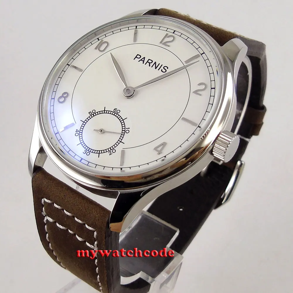 

44mm parnis white dial silver marks 6498 hand winding mens watch P29
