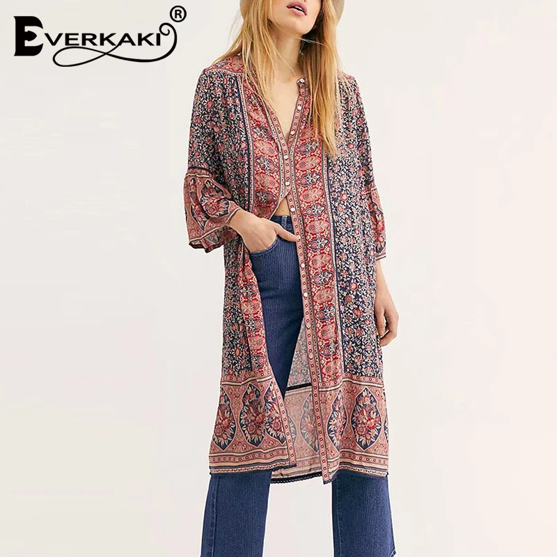 Everkaki Boho длинное платье с цветочным принтом для женщин Цыганское Платье круглым