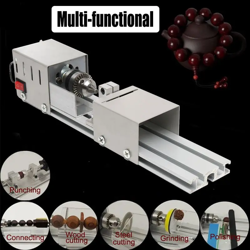 Günstige 200W Mini Drehmaschine Perlen Maschine Holz Drehmaschine Diy Holzbearbeitung Werkzeug Fräsen Schleifen Polieren Carving Bohrer Dreh Werkzeug Set