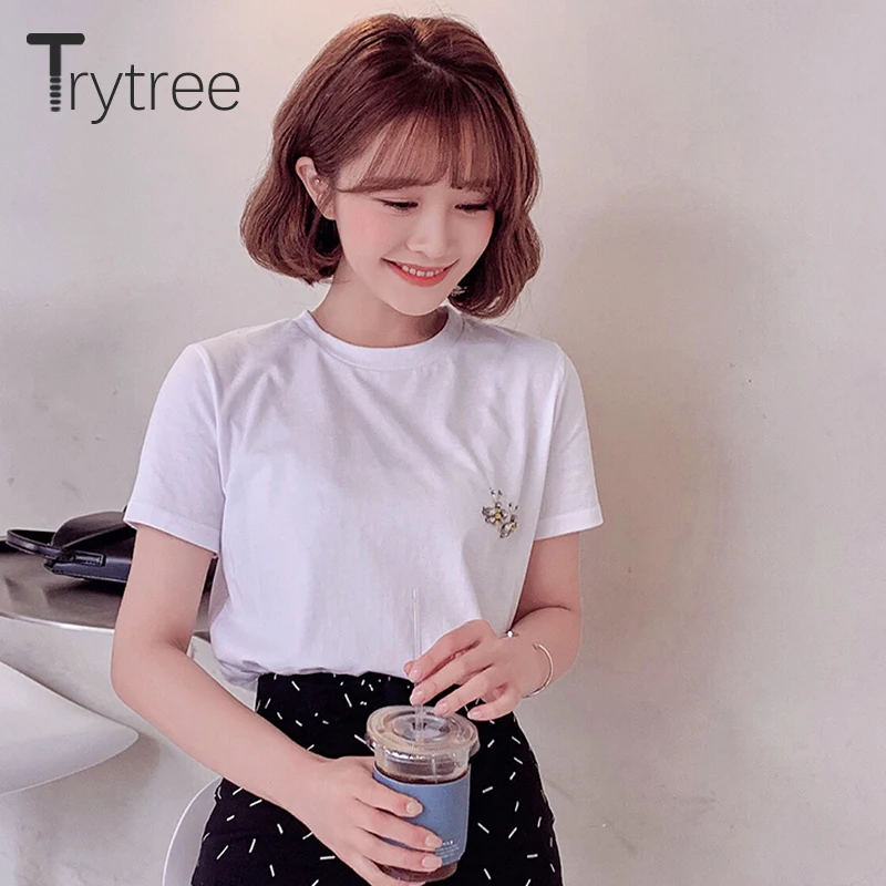 Trytree Летняя Повседневная Женская Однотонная футболка женский Топ хлопок