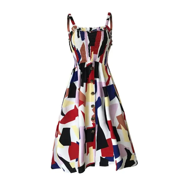 

Fashion Women Ladies Boho Holiday Dress Strappy Dots Spotted Button Down Casual Summer Beach Swing Midi Dress Sundress New