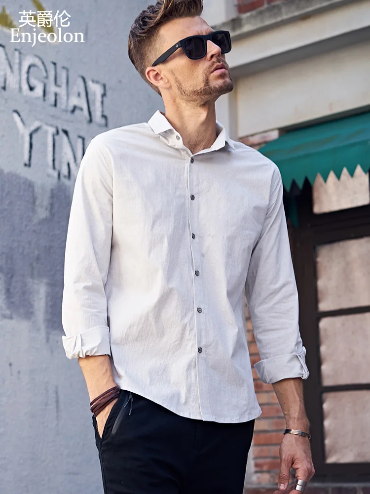 Enjeolon бренд camisa masculina черный Гэри однотонные рубашки для мужчин блузка хлопковая длинная рубашка для мужчин Повседневная рубашка одежда
