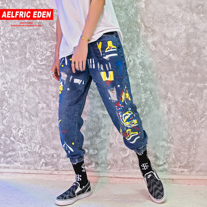 Aelfric Eden мешковатые джинсы Для мужчин граффити Slim Fit Проблемные шаровары джинсовое