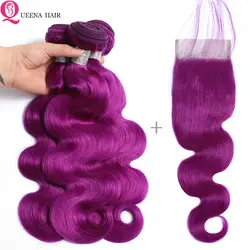 Цветные бразильские человеческие волосы объемная волна 3 пучки с закрытием remy волосы плетение фиолетовые пучки с закрытием кружева