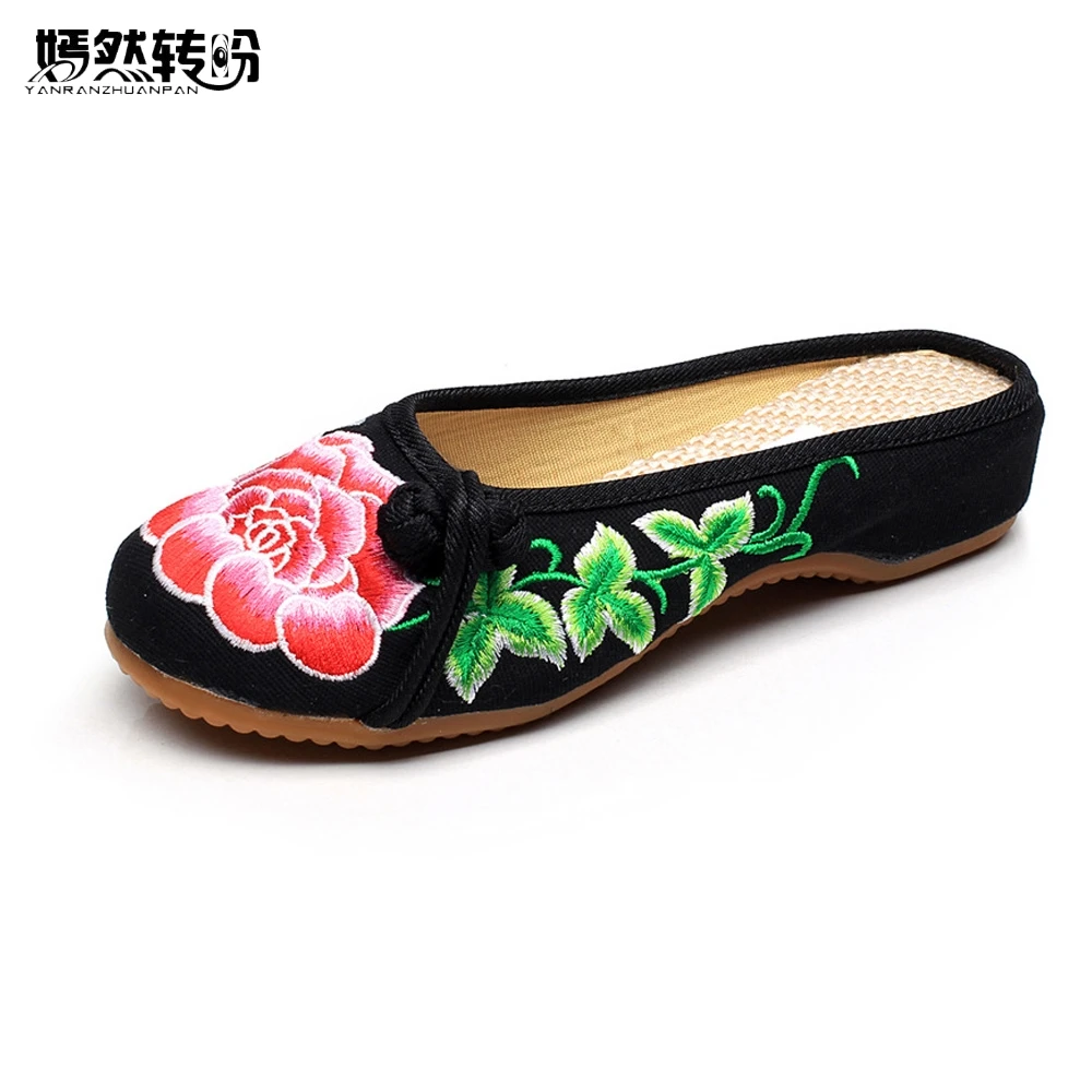 Chinese New Summer Embroidery Slippers Women Red Peony Retro Style Slippers Embroidered Soft