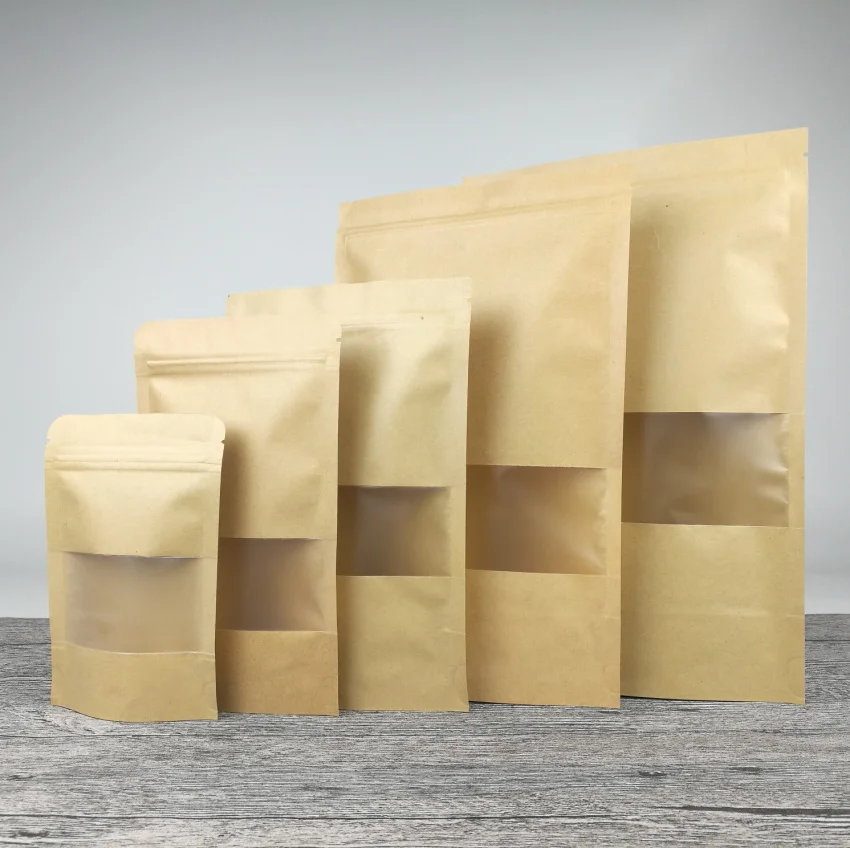 Bolsas de papel Kraft marrón con ventana impermeable, paquete de aperitivos de comida con cremallera, muesca de desgarro, muchos tamaños, 100 piezas| Bolsas - AliExpress