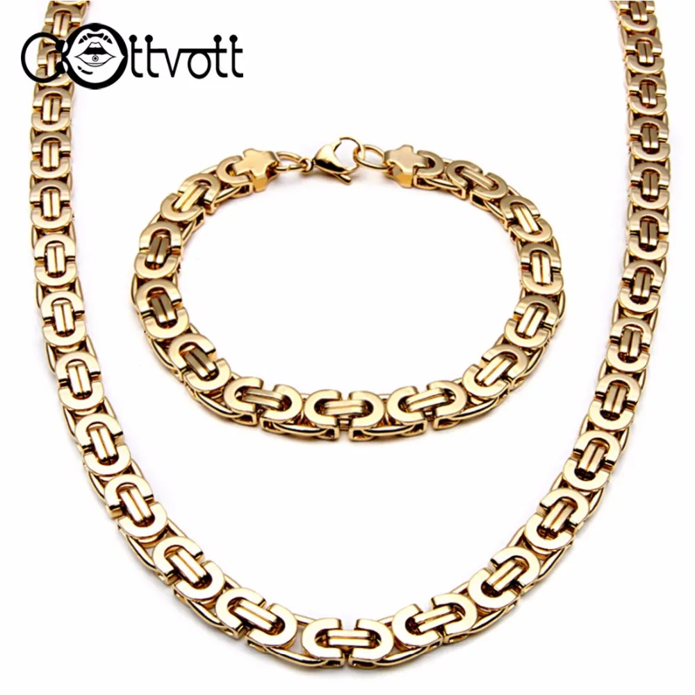 

Large Necklace for Men Gold Color Stainless Steel Byzantine Chain Bracelet Necklace Set Men Hip Hop Jewelry Width 8mm MS107