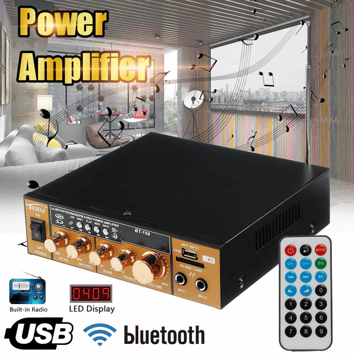 

220V/12V 600W HIFI LCD Digital 2CH Powers Audio Amplifier Car Home Amplifiers Bass Stereo bluetooth FM Radio With Remote Control
