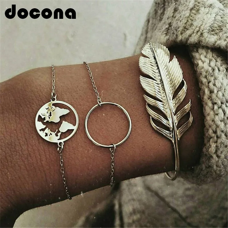 

docona 3pcs/1set Map Leaf Bracelet Set for Women Silver Color Geometric Adjustable Bracelet Bangle Set Pulseiras 4785