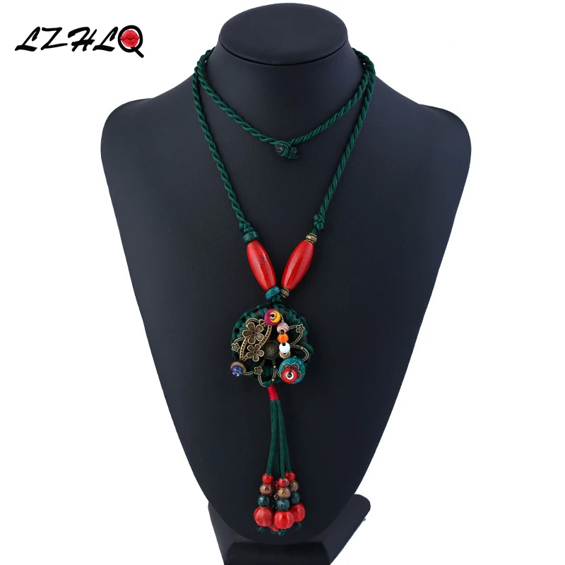 

LZHLQ Ethnic Style Ceramic Statement Necklace Women 2017 Fashion Sweater Chain Handmade Nostalgic Retro Jewelry Wholesale