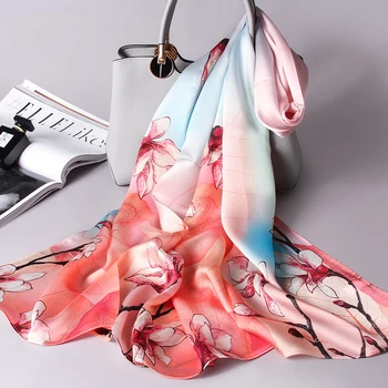 

100% Real Silk Scarf For Women Print Shawls and Wraps for Ladies Pure Natural Silk Scarves Neckerchief Foulard 170x53cm