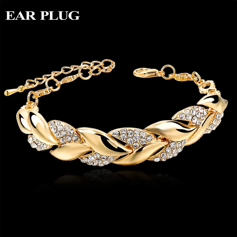 Braided Gold Leaf Bracelets & Bangles With Stones Luxury Crystal Bracelets For Women Wedding Turkish Jewelry Pulseras Sbr140296