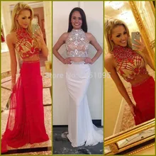 Vestidos De Graduacion Perlen Weiß/Rot Zweiteiler Prom Kleider 2016 Großhandel High Neck Sexy Mädchen Lange Partykleider Open Back
