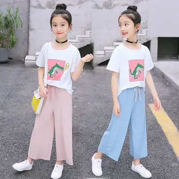 

2019 Summer Girls Clothing Sets Teens Kids Clothes Suit Cartoon Dinosaur Print Short Sleeve T-Shirt +Wide Pants 2pcs Sets 3-14Y