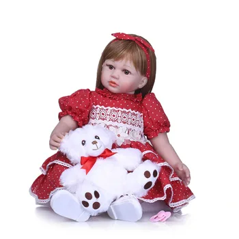 

Nicery 23-24inch 58-60cm Bebe Reborn Doll Soft Silicone Boy Girl Toy Reborn Baby Doll Gift for Child Red Dress White Bear Doll