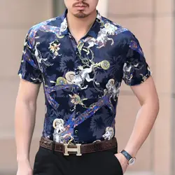 2019 сексуальная прозрачная рубашка мужская летняя с коротким рукавом облегающая модная бархатная рубашка с принтом Клубные вечерние Chemise