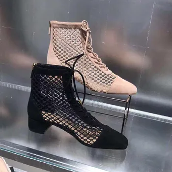 

2019 New Spring Autumn Boots Women Air Mesh Women Shoes Front Lace Up Short Booties Chic Heel Botas Brand Star Shoes