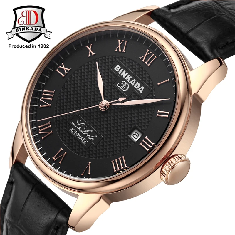 

Top Luxury Brand BINKADA Mechanical Watch Rose Gold Black Leather Strap Male Fashion Casual Wrist Watch Relogio Masculino