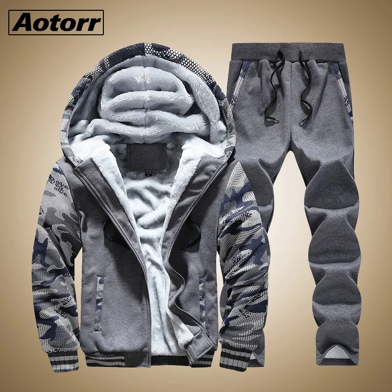 

New Winter Tracksuits Men Set Thick Fleece Hoodies+Pants Suit Zipper Hooded Sweatshirt Sportswear Set Male Hoodie Sporting Suits