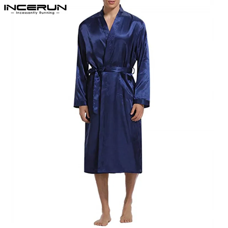 INCERUN Мужская шелковая, сатиновая Пижама, халаты с длинными рукавами, однотонное кимоно, мужской халат, мужские пижамы для отдыха, халат, домашняя одежда - Цвет: Navy