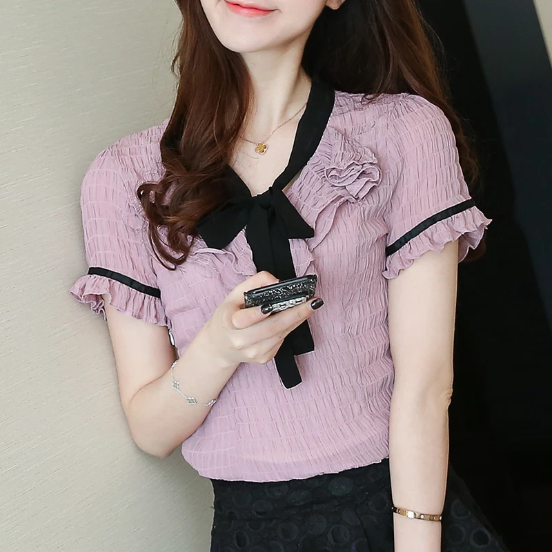 

Free shipping New 2017 Summer pleated chiffon women shirt short sleeve sleeved floral women tops fashion women blouse 825J