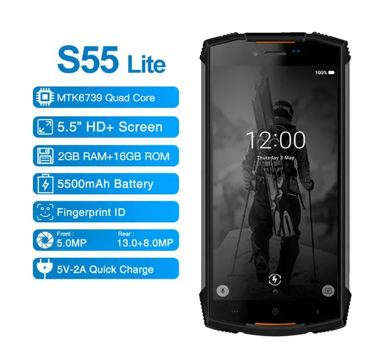 DOOGEE S55 lite 4G 5.5 Inch IP68 Waterproof Mobile Phone Android 8.1 MTK6739 Quad Core 2GB+16G 13MP Dual Rear Camera Fingerprint DOOGEE S55 lite 4G 5.5 Inch IP68 Waterproof Mobile Phone Android 8.1 MTK6739 Quad Core 2GB+16G 13MP Dual Rear Camera Fingerprint