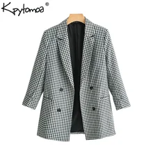Винтажный шикарный клетчатый блейзер с карманами и пуговицами, пальто для женщин, модная верхняя одежда с длинным рукавом и зубчатым воротником, повседневная женская одежда