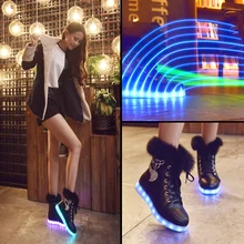 2016 New 7 Colors Luminous Shoes Women High Top Rabbit Fur Quilted Boots USB Rechargeable Led