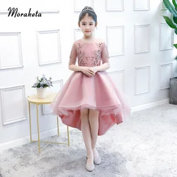 Beautiful Pink Flower Girl Dresses 2019 Tulle Short Front Long Back Little Girl Pageant Dresses With Beading Appliques Beautiful Pink Flower Girl Dresses 2019 Tulle Short Front Long Back Little Girl Pageant Dresses With Beading Appliques