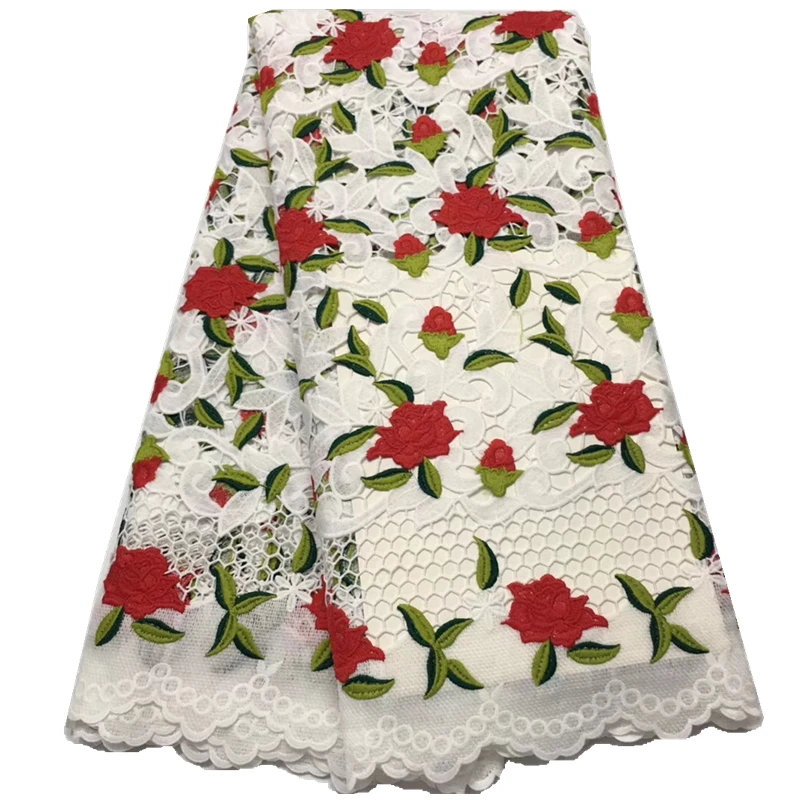 

2019 Latest White African Cord Lace Fabric Milk Silk Lace Nice Red Flowers High Quality Nigerian Guipure Lace Fabric For Dress